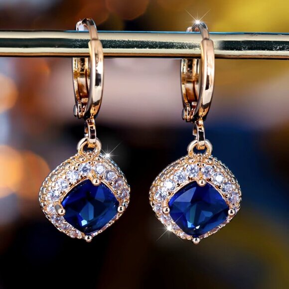NEW 14k Yellow Gold Blue Sapphire Diamond Hoop Earrings - Picture 3 of 6